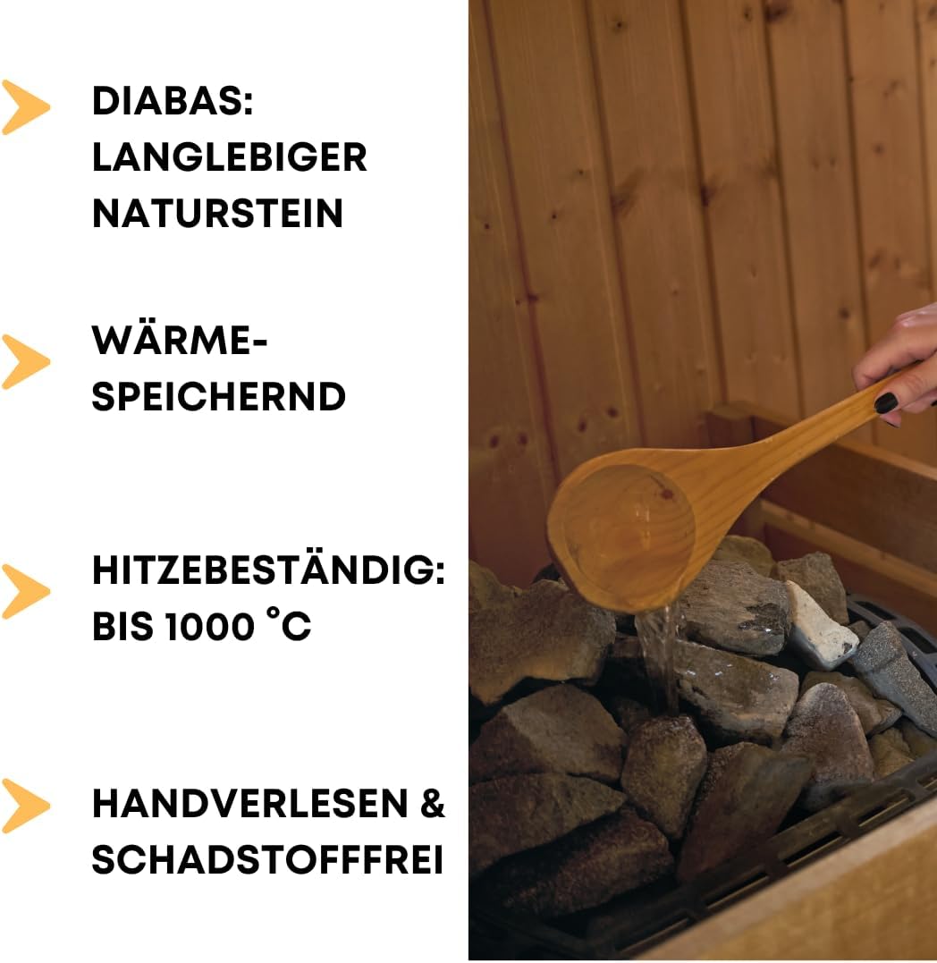 Saunasteine Diabas (vorgewaschen) 50-80 mm + Saunakko Saunatasse als SET (5kg)