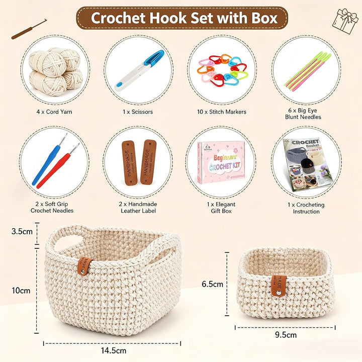 Chingcoo Häkelset für Anfänger mit 2 Häkelkörben - Crochet Kit mit 4 Häkelgarn Häkelnadeln Häkelzube