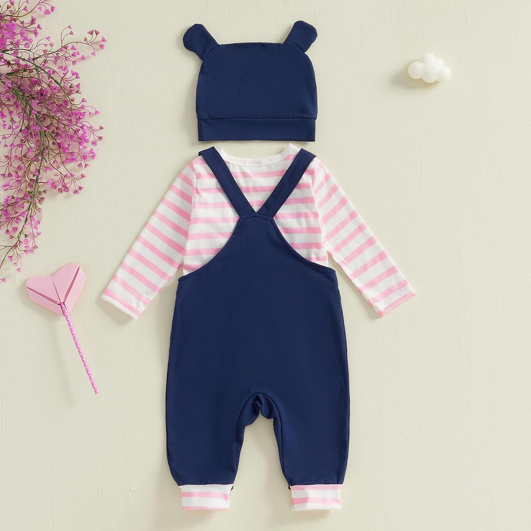 Beauace 3tlg Baby Mädchen Kleidung Langarm Gestreiftes Strampler + Latzhose mit Giraffenmuster + Bab