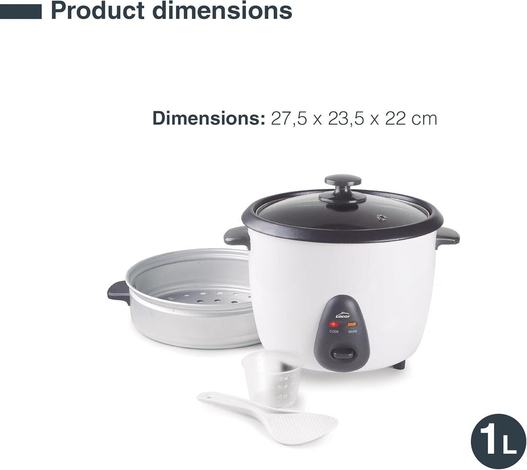 Lacor - 69441 - Elektrischer Reiskocher 1 L, 5 Portionen, ECO Antihaftbeschichtung, Glasdeckel, Kont