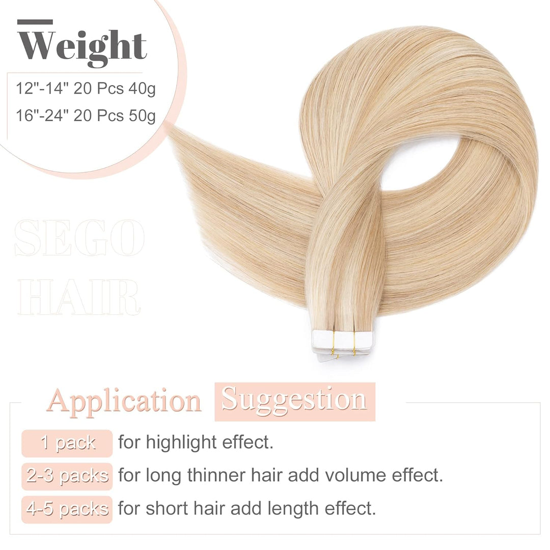 SEGO Tape in Extensions Echthaar Haarverlängerung 20 Pcs 2.5g/Tresse Klebeband Band Haarteil glatt K