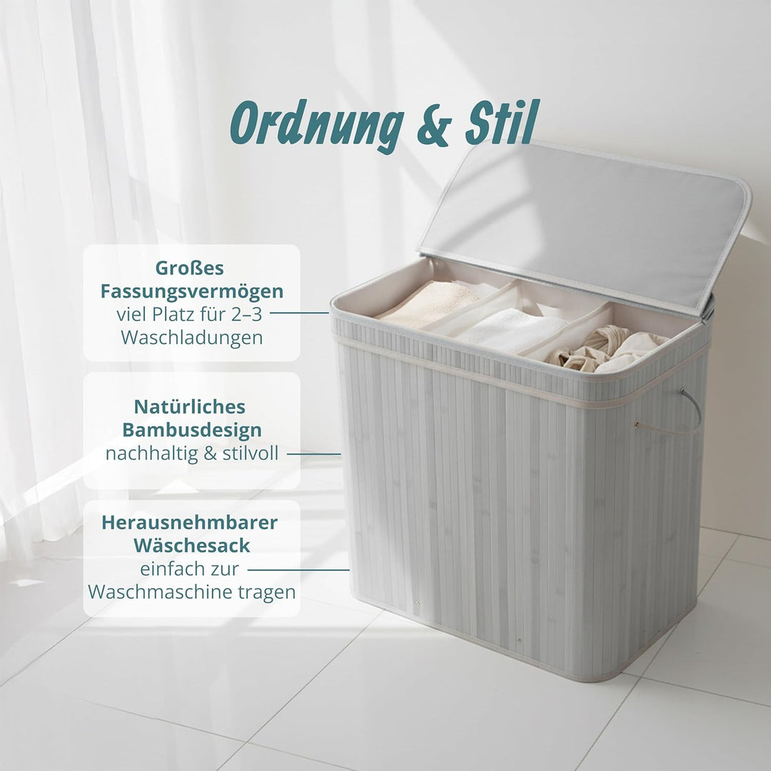 Relaxdays Wäschekorb mit Deckel, Bambus, 150 l, 3 Fächer, HxBxT: 61,5 x 61 x 41,5 cm, Badezimmer Wäs