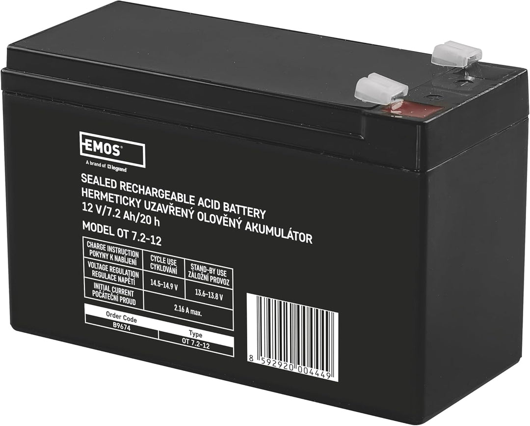 EMOS - Wartungsfreier Bleiakku - 12V 7,2Ah - AGM Batterie - Faston 6,3mm Anschluss - Für USV-Geräte,