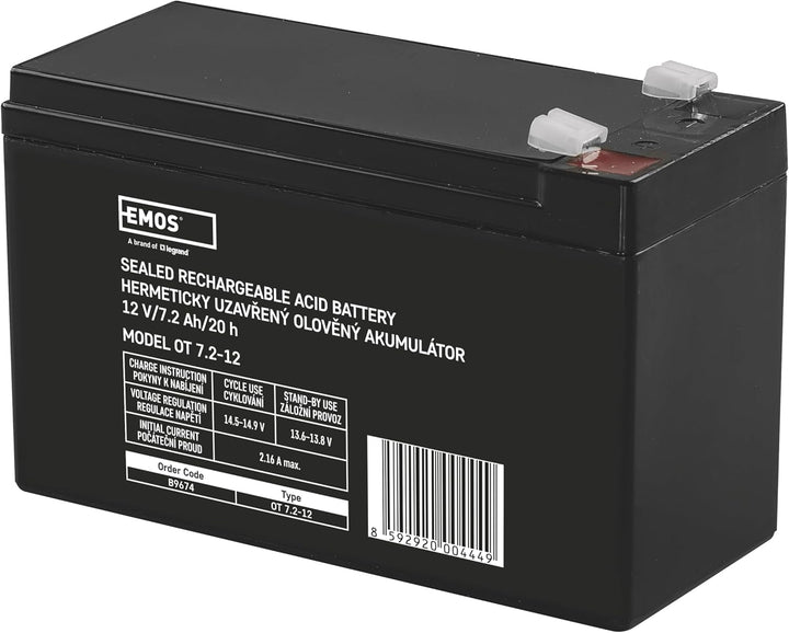 EMOS - Wartungsfreier Bleiakku - 12V 7,2Ah - AGM Batterie - Faston 6,3mm Anschluss - Für USV-Geräte,