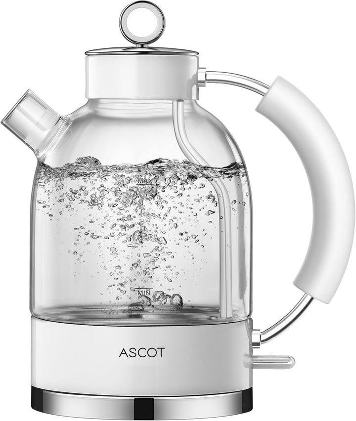 Wasserkocher Glas, ASCOT Elektrischer Wasserkocher Edelstahl, 2200W, 1,5L, BPA frei, leiser Schnellk