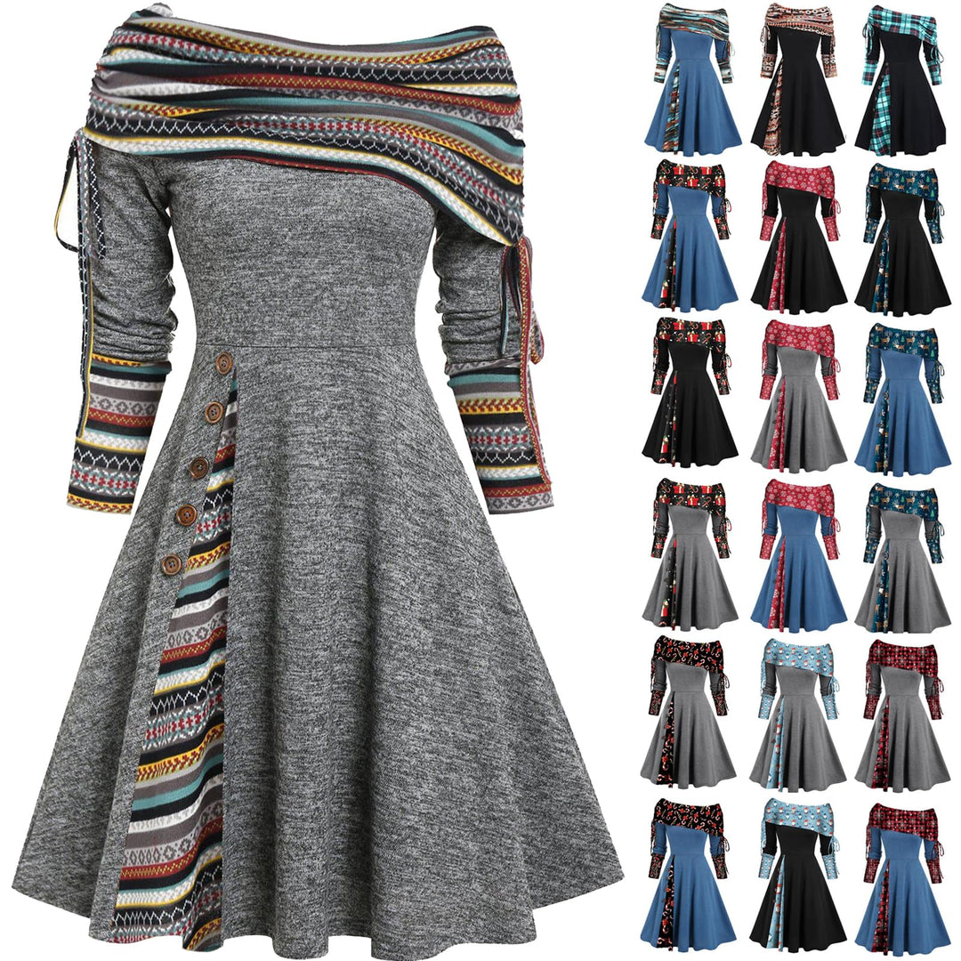Weihnachten Schulterfrei Kleider für Damen Vintage Druck Patchwork A-Linie Kleid Lässig Locker Flies