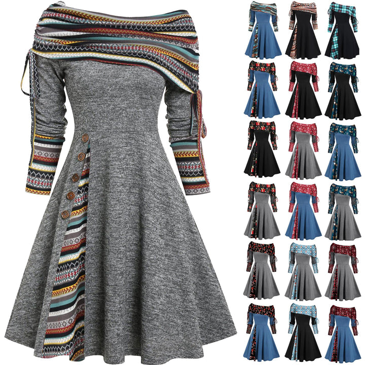Weihnachten Schulterfrei Kleider für Damen Vintage Druck Patchwork A-Linie Kleid Lässig Locker Flies