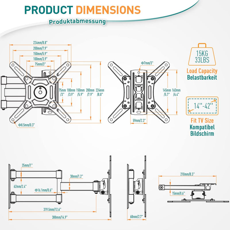 ELIVED TV Wandhalterung Schwenkbar Neigbar, Fernseher Wandhalterung Ausziehbar für die meisten 14-42