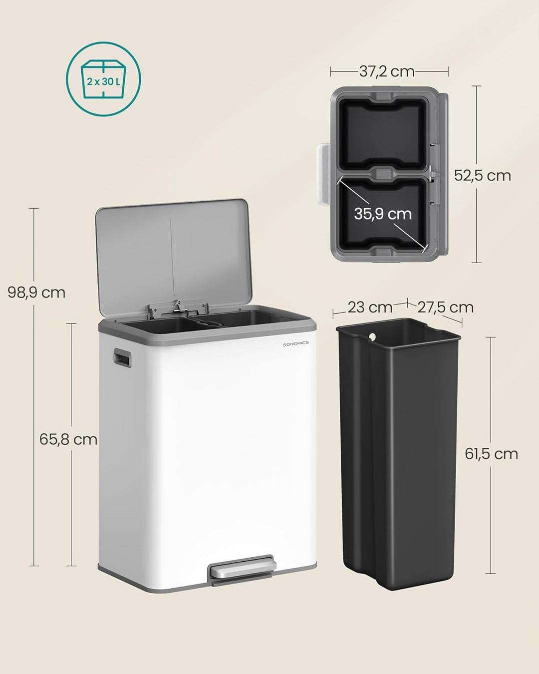 SONGMICS Mülleimer Küche, Mülltrennsystem 2 x 30 L, 2 Fächer für Recycling und Restmüll, Abfalleimer