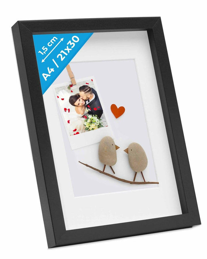 PHOTOLINI 3D Bilderrahmen zum Befüllen 21x30 A4 Schwarz, 1,5 cm tiefer Objektrahmen mit Glas, tiefer