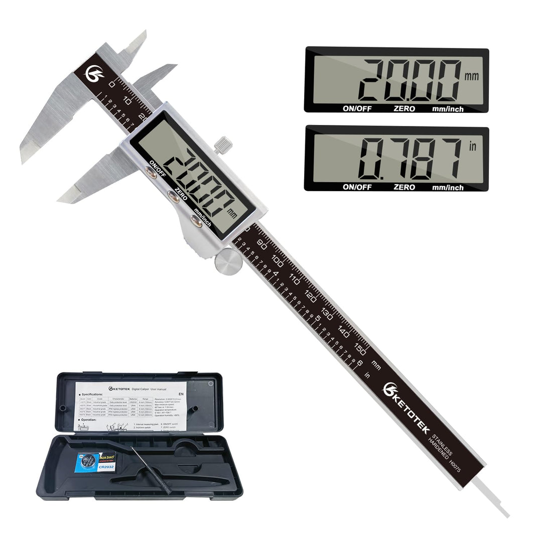 KETOTEK Digitaler Messschieber aus Edelstahl 150 mm/6 Zoll Messwerkzeug LCD-Display Messschieber mit
