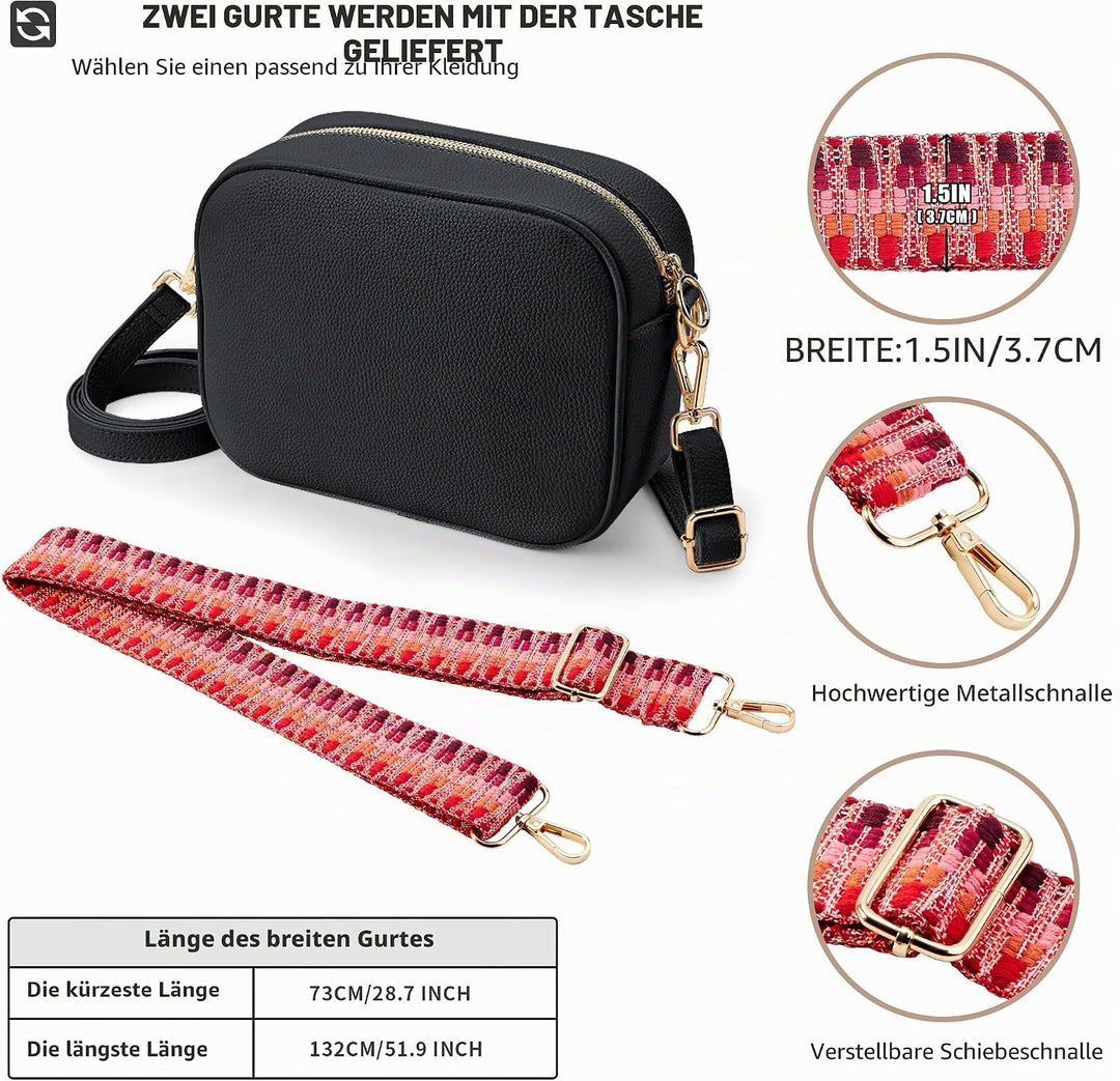 KALIDI Damen Umhängetasche, stylisch Veganem Leder Breiter Gurt Crossbody Schultertasch mit 2 abnehm
