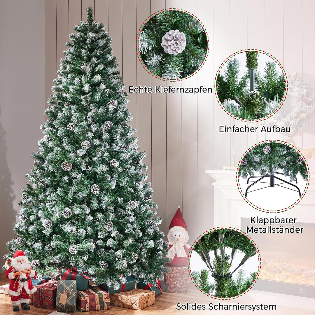 Yaheetech 228 cm künstlicher Weihnachtsbaum mit Schnee und 82 Kiefernzapfen (Ø ca.132 cm) 1346 Spitz