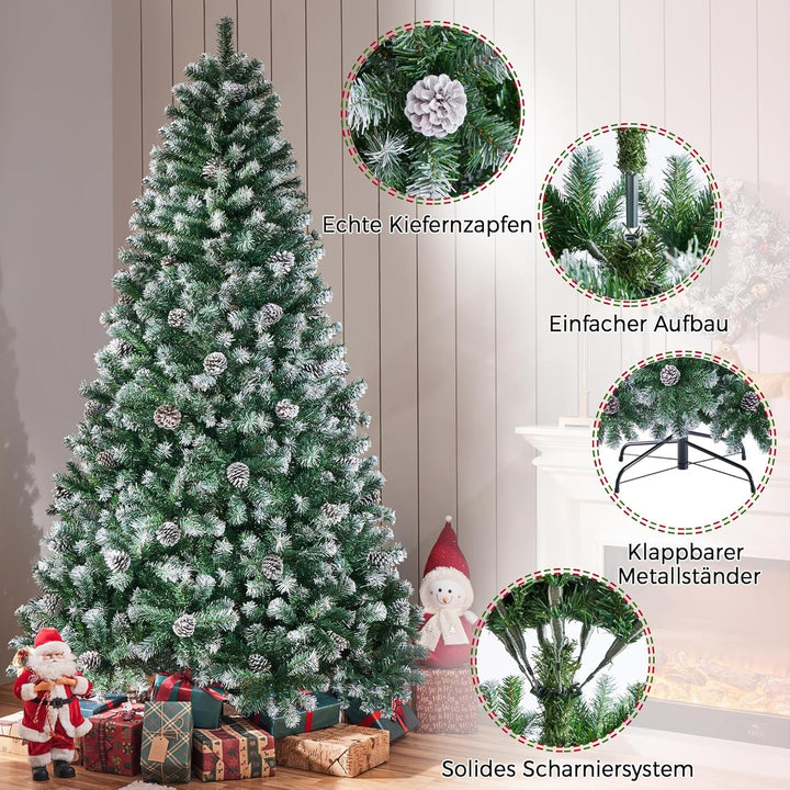 Yaheetech 228 cm künstlicher Weihnachtsbaum mit Schnee und 82 Kiefernzapfen (Ø ca.132 cm) 1346 Spitz
