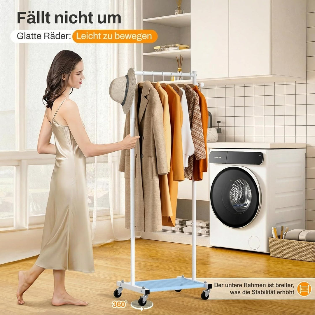 MISSLO Kleine Kleiderständer auf Rollen, Schmal Kleiderstange mit Ablagen, 152 cm Metall Garderobens