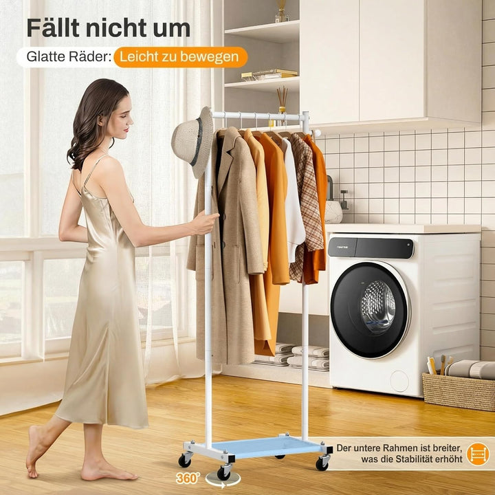 MISSLO Kleine Kleiderständer auf Rollen, Schmal Kleiderstange mit Ablagen, 152 cm Metall Garderobens