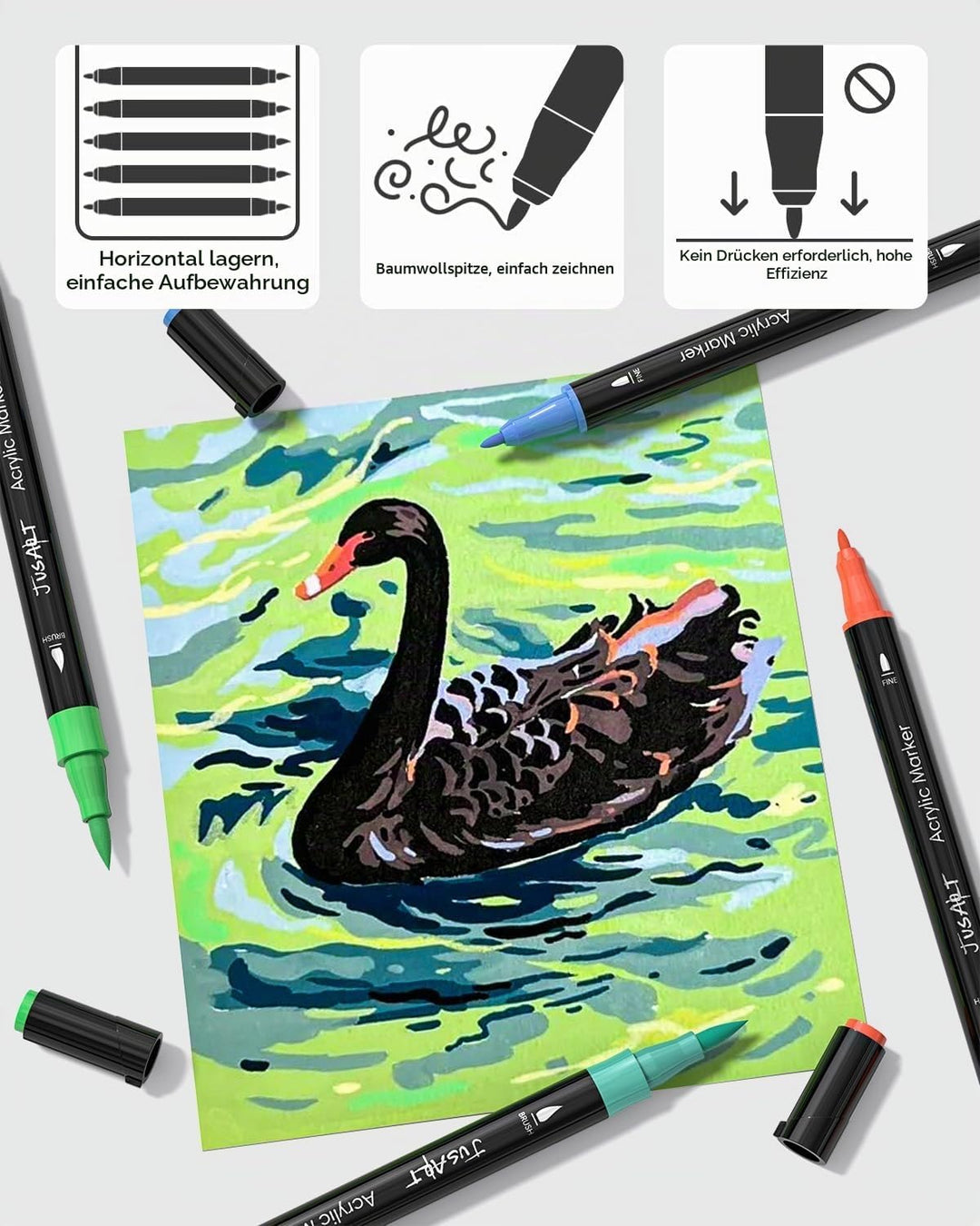 JusArt 48 Acrylstifte mit Doppelspitze, Pinsel und feine Spitze, Acrylic Marker Wasserfest, Premium-