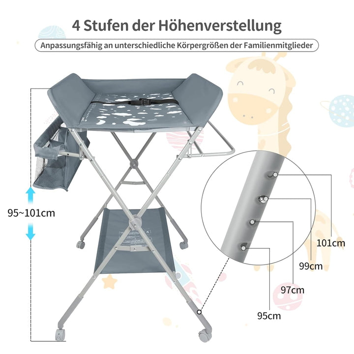 OHMG Baby Wickelkombi Klappbare Wickelkommode,Wickeltisch mit Rollen,Mobiler Wickeltisch mit Wickela