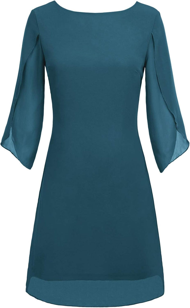 GRACE KARIN Damen Kleid Elegant Chiffon Kleid 3/4 Ärmel Loose Abend Cocktailkleid M Pfauenblau, M Pf
