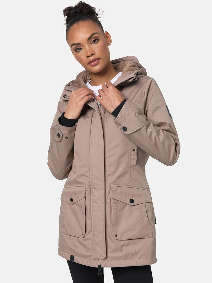 Navahoo Damen Übergangsjacke Warmer Kurzmantel Regenjacke mit Kapuze Brinjaa XS-XXL S Taupe Grey, S