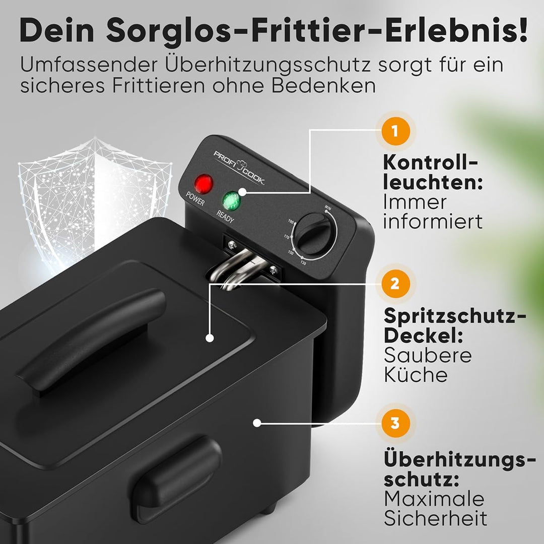 ProfiCook® Friteuse mit Fett | 130-190°C | Fritteuse mit Öl | 2000W | 3L | spülmaschinengeeignete Te