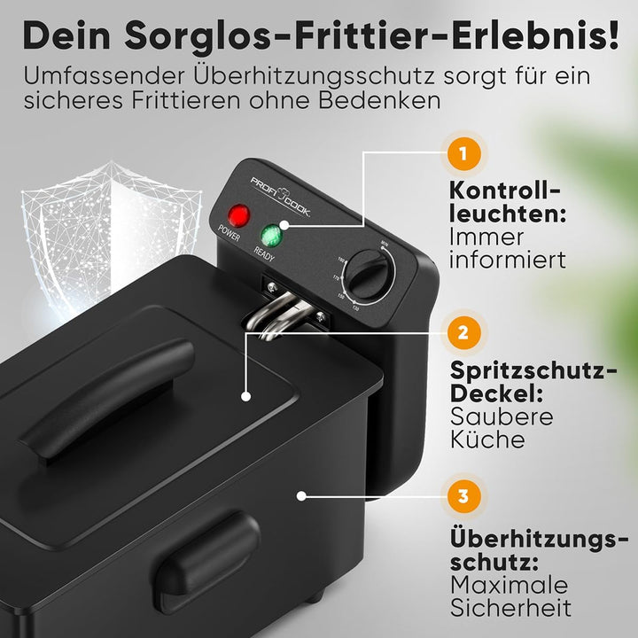 ProfiCook® Friteuse mit Fett | 130-190°C | Fritteuse mit Öl | 2000W | 3L | spülmaschinengeeignete Te