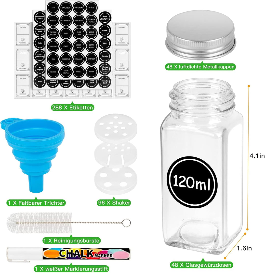 WardWolf 48er Gewürzgläser Eckig mit Metall Deckel,120ML Gewürzdosen Set,Gewürzgläser mit Streueinsa