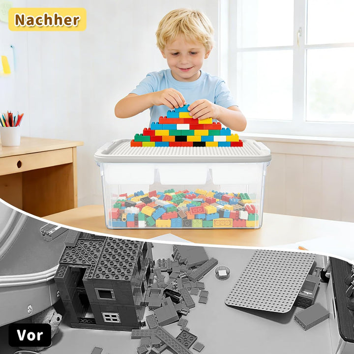 Aufbewahrungsbox Spielzeug mit Deckel, AbnehmbaresTablett und Bauplatte,Spielzeug Box für Bausteine,