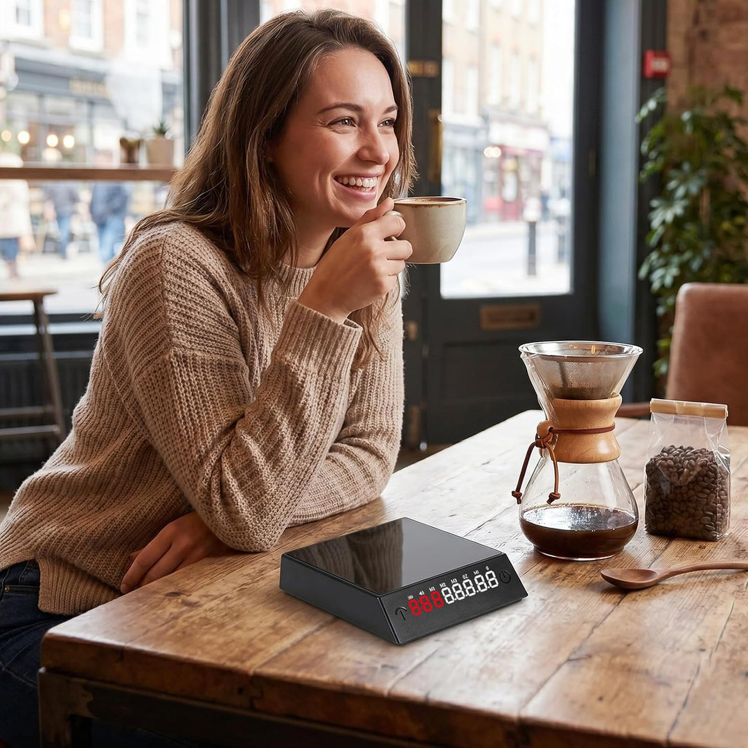 Kaffeewaage mit Timer, Wiederaufladbare Espressowaage 2kg/0,1g Präzision, Mini Kaffeewaage mit 45° G
