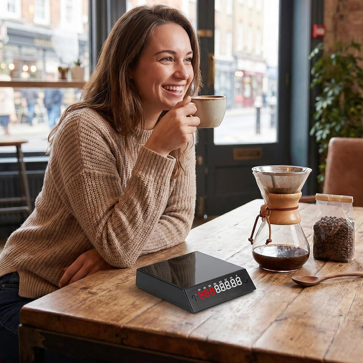 Kaffeewaage mit Timer, Wiederaufladbare Espressowaage 2kg/0,1g Präzision, Mini Kaffeewaage mit 45° G