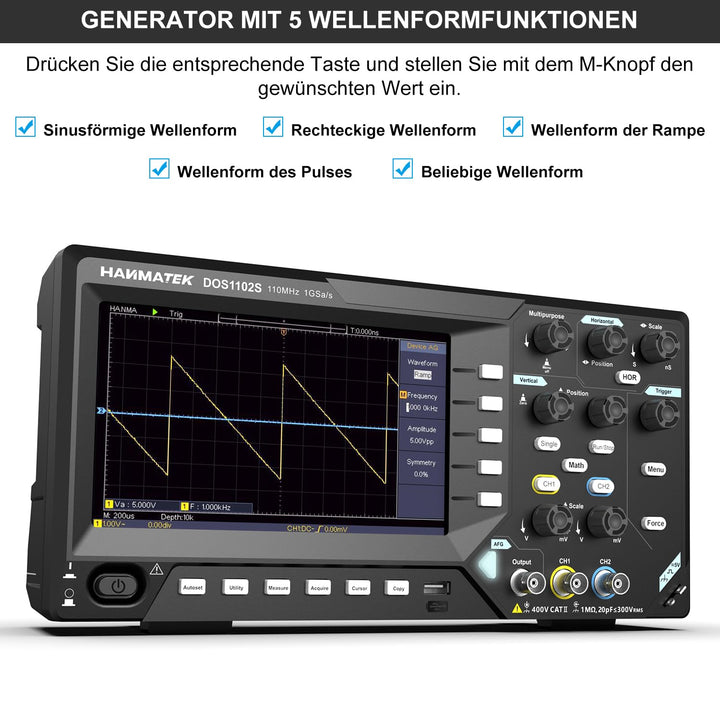 HANMATEK 2 in1 DOS1102S Digitales Speicheroszilloskop mit integriertem Wellenformgenerator, 110MHz B
