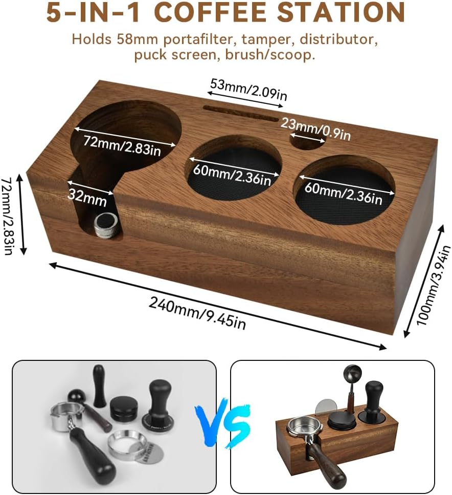 Tamperstation 58mm Espresso Tamping Station aus Walnussholz Multifunktionale Tamper Station für Sieb