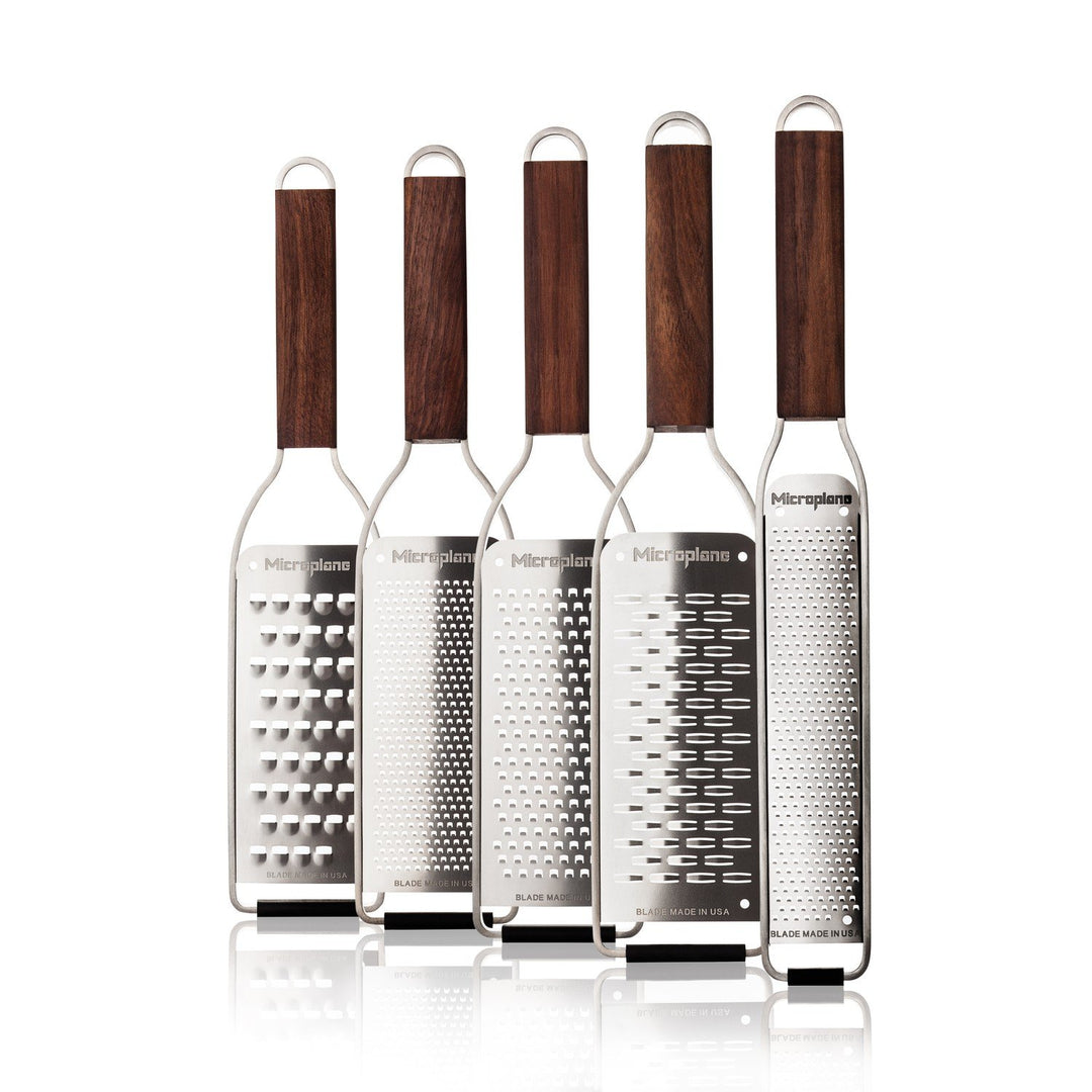 Microplane Master Serie Reiben-Set, Walnussholzgriff, 5 Klingenformen, silber/braun, 5-teilig (1 Set