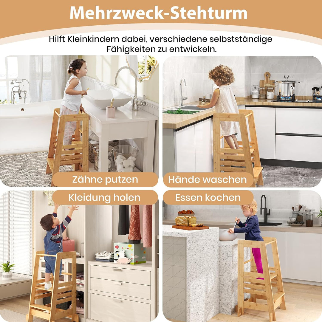 DREAMADE Lernturm für Kleinkinder, Lernstuhl aus Bambus mit 4-stufig höhenverstellbar, Tritthocker m