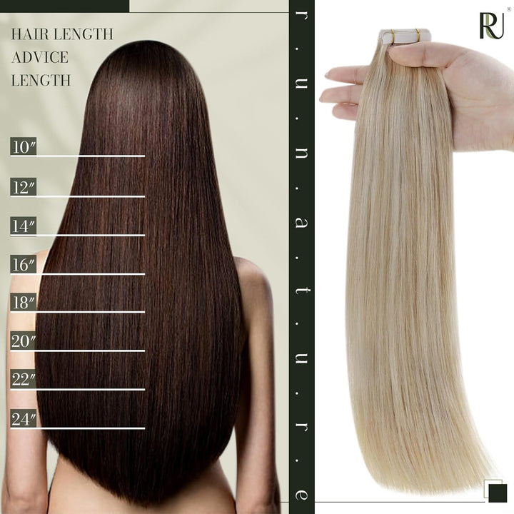 RUNATURE Blond Tape Echthaar Extensions 45cm Aschblond mit Platinblond Tape in Haarverlangerung Remy