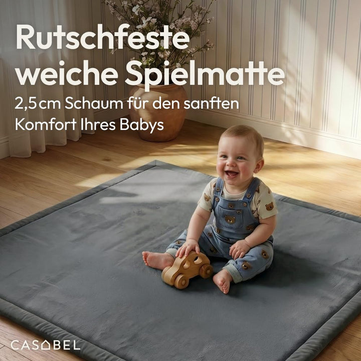 CASABEL Baby-Spielmatte aus Samt, dick und weich, 120x120cm, Grau | 2,5 cm dick, komfortabler Schaum