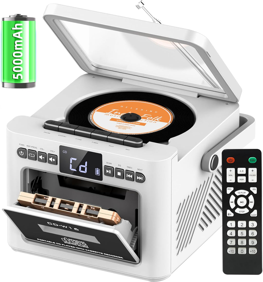 Boombox CD Player tragbar, CD-Player mit Kassettenspieler,UKW-Radio mit cd Player, 5000mAh wiederauf