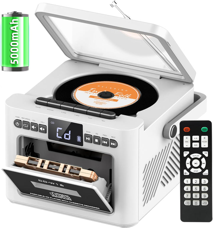 Boombox CD Player tragbar, CD-Player mit Kassettenspieler,UKW-Radio mit cd Player, 5000mAh wiederauf