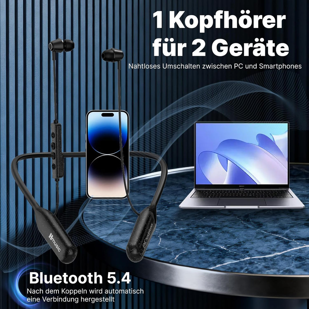 Hmusic H25 Bluetooth 5.4 Kopfhörer Nackenband, 200 Std Akku, IPX5 Wasserdicht, Magnetischer Im-Ohr O