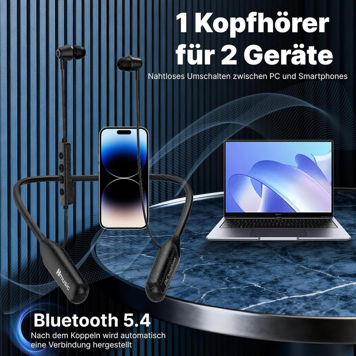 Hmusic H25 Bluetooth 5.4 Kopfhörer Nackenband, 200 Std Akku, IPX5 Wasserdicht, Magnetischer Im-Ohr O