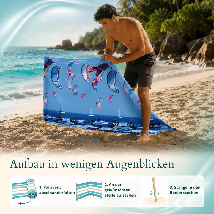 Strandparavent Mikrofaser | Windschutz 80cm | Kitesurfing 16m | Für Familie &amp; Strand | UV-Schutz | S