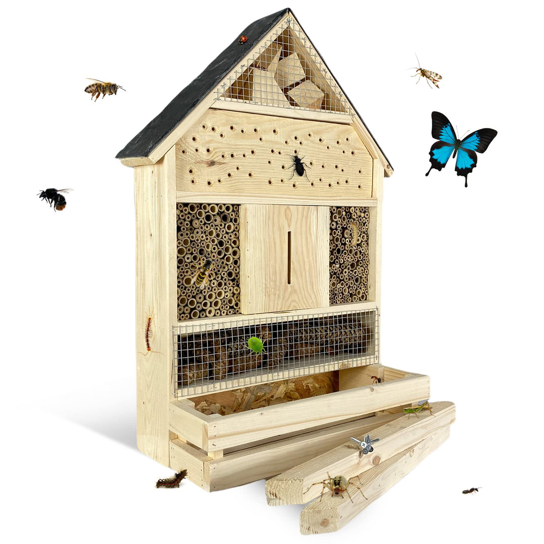GARTENETAGE Stehendes Insektenhotel XXL mit Pflanzenoase &amp; Schieferdach/Naturbelassenes, massives In