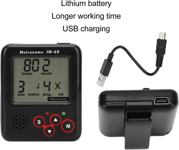 Black Digital LCD Mini Metronome Clip auf USB -Ladung kleines Metronom für Klavier Geigengitarre