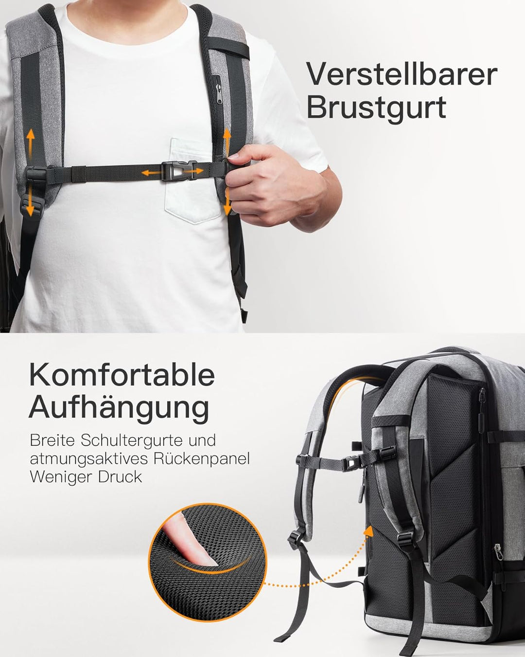 Inateck 38.5-46.2 L Reiserucksack Erweiterbarer Herren Damen Handgepäck Flugzeug Rucksack, 15.6 Zoll