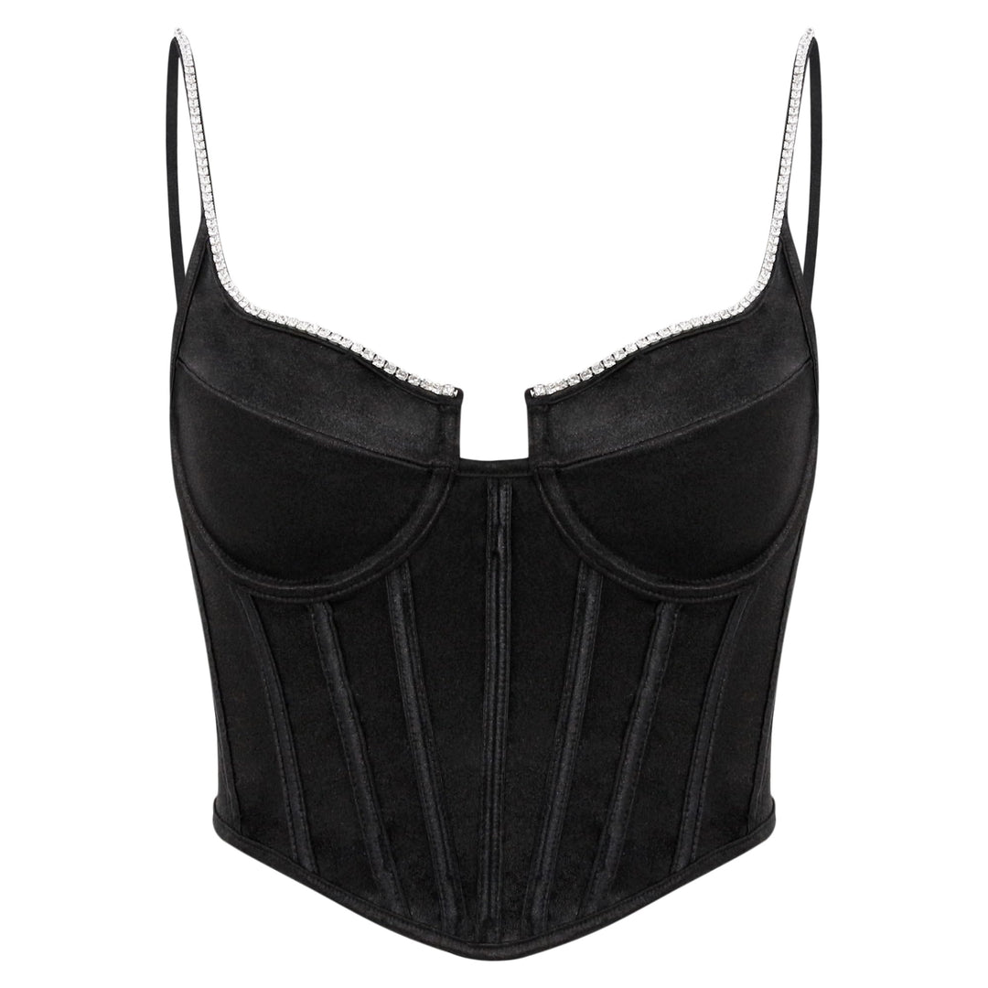 Naimo Damen Seide Satin Top Strass Korsett Bustier Cami Sexy Ärmellos Spaghettiträger Crop Tank Top