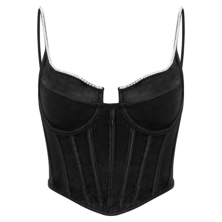 Naimo Damen Seide Satin Top Strass Korsett Bustier Cami Sexy Ärmellos Spaghettiträger Crop Tank Top