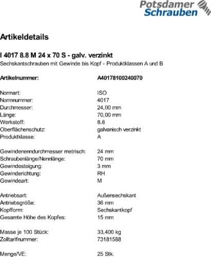 25 Sechskantschrauben ISO 4017 8.8 verzinkt M24x70