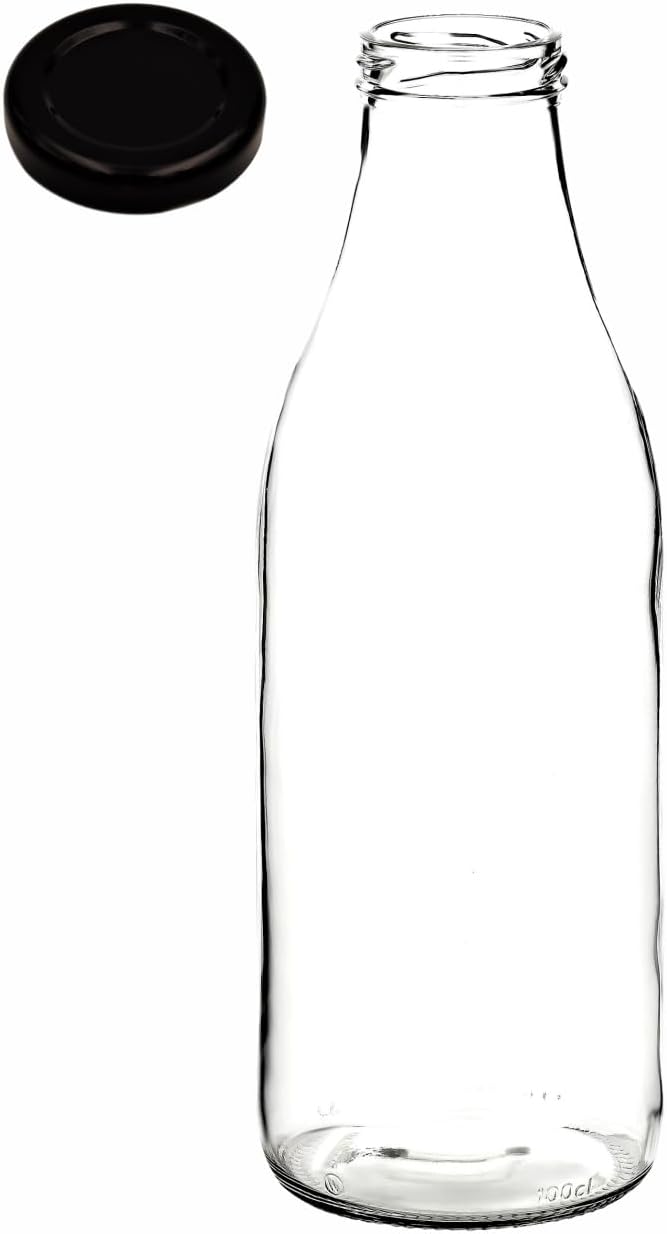 gouveo 20er Set Glasflasche 1000 ml (1,00 l) Saftflasche 1000 ml rund mit Schraubdeckel TO 48 schwar