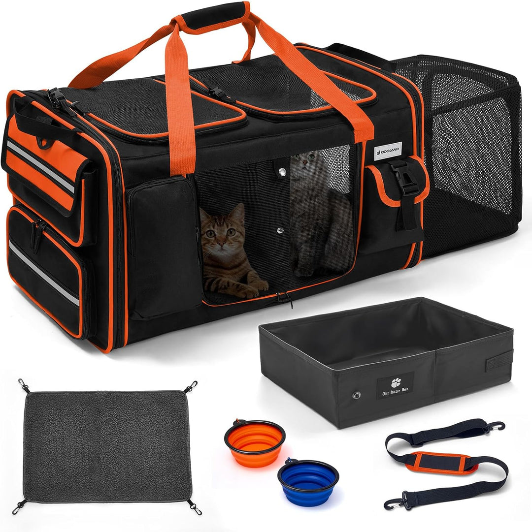 Odoland Katzentransportbox für 2 grosse Katzen 60×38×35cm - Faltbar Erweiterbarer Transporttasche Ka