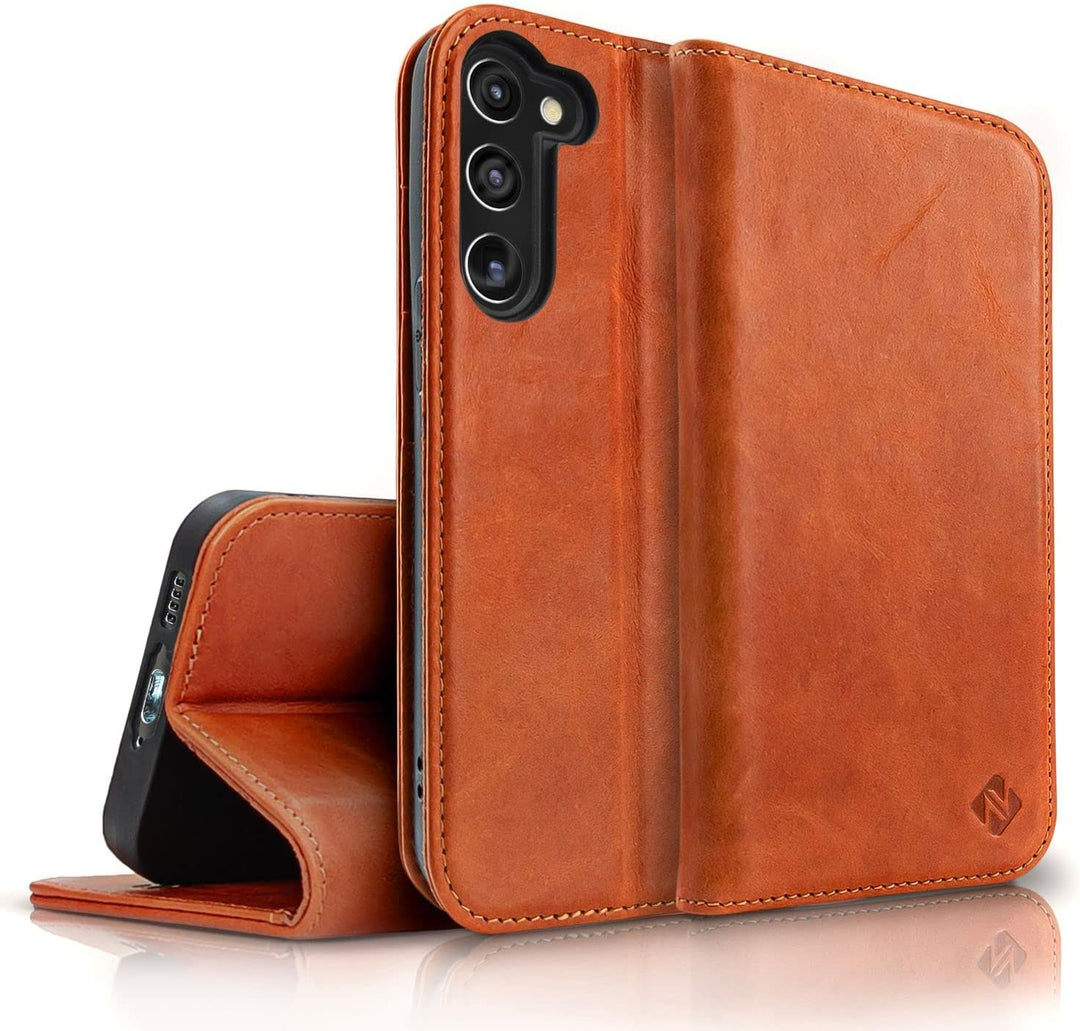 NALIA Echt-Leder Flip-Case kompatibel mit Samsung Galaxy S23 Plus Hülle, 360 Grad Bookcase, RFID-Sch